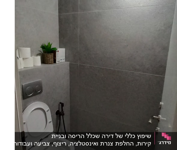 שירותים עם קיר אפור, נייר טואלט וצמח דקורטיבי.